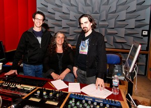 Pictured (L-R) during â€œDark Voidâ€ sessions are co-producer Steve Kaplan, mastering engineer Patricia Sullivan FourStar, and composer Bear McCreary.  