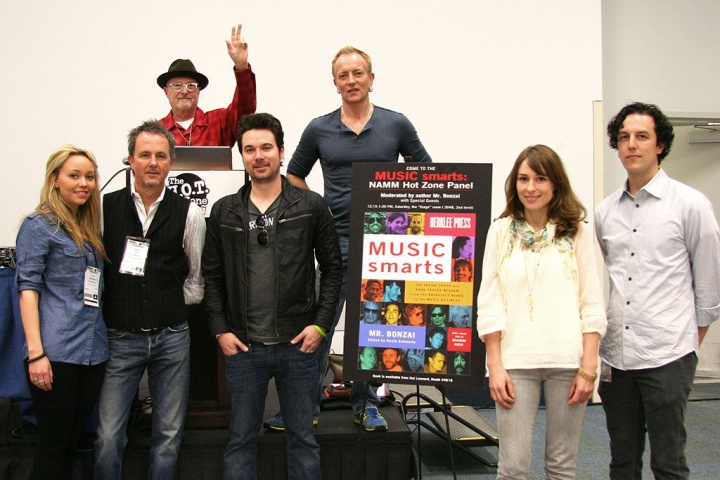 SMART-panel-1 The SMART MUSIC panel gathers at WinterNAMM 2011.  (L-R rear) Mr. Bonzai, Phil Collen; (L-R front) Kristina Helene, CJ Vanston, Scott Austin, Helene Bennett, Kamran V.  Photo by Megan Nelson